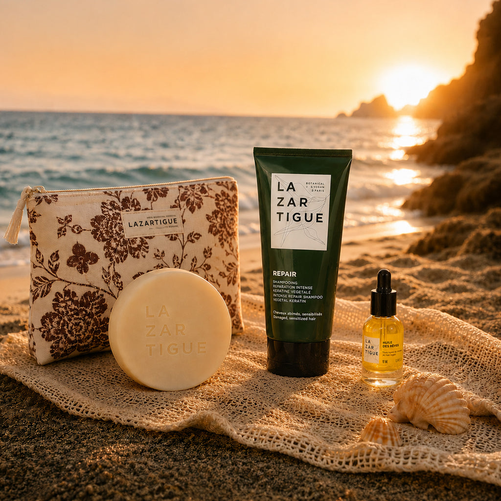 Kit d'été format valise (Shampoing solide, Masque réparation, Huile nourrissante cheveux, Trousse)